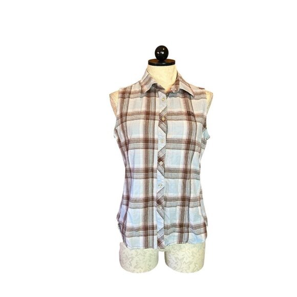 Bit & Bridle Turquoise Plaid Sleeveless Collar Button Down Equestrian Western L - Picture 1 of 8